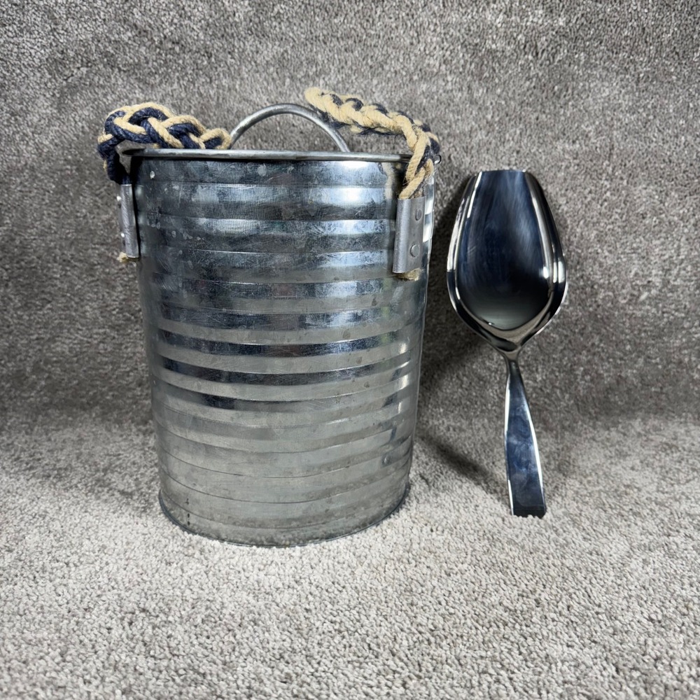 Ice Bucket Silver Galvanized Ribbed Rope Handle Nautical Farmhouse Set - Picture 13 of 14